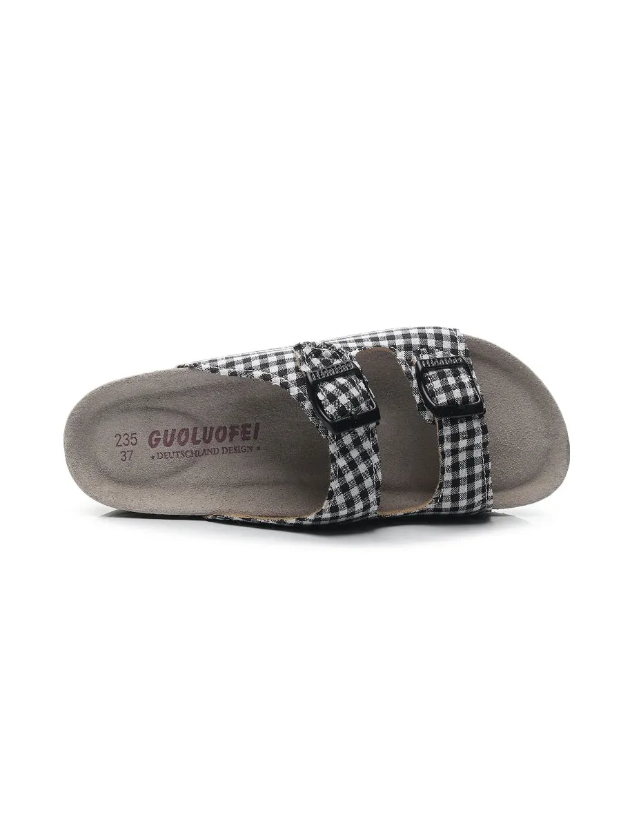 Black Tartan Gingham Double-Buckle Sandals Slides