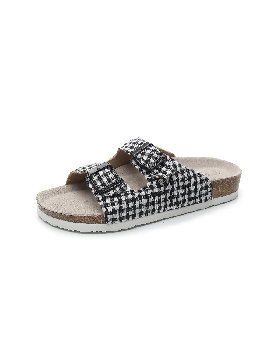 Black Tartan Gingham Double-Buckle Sandals Slides