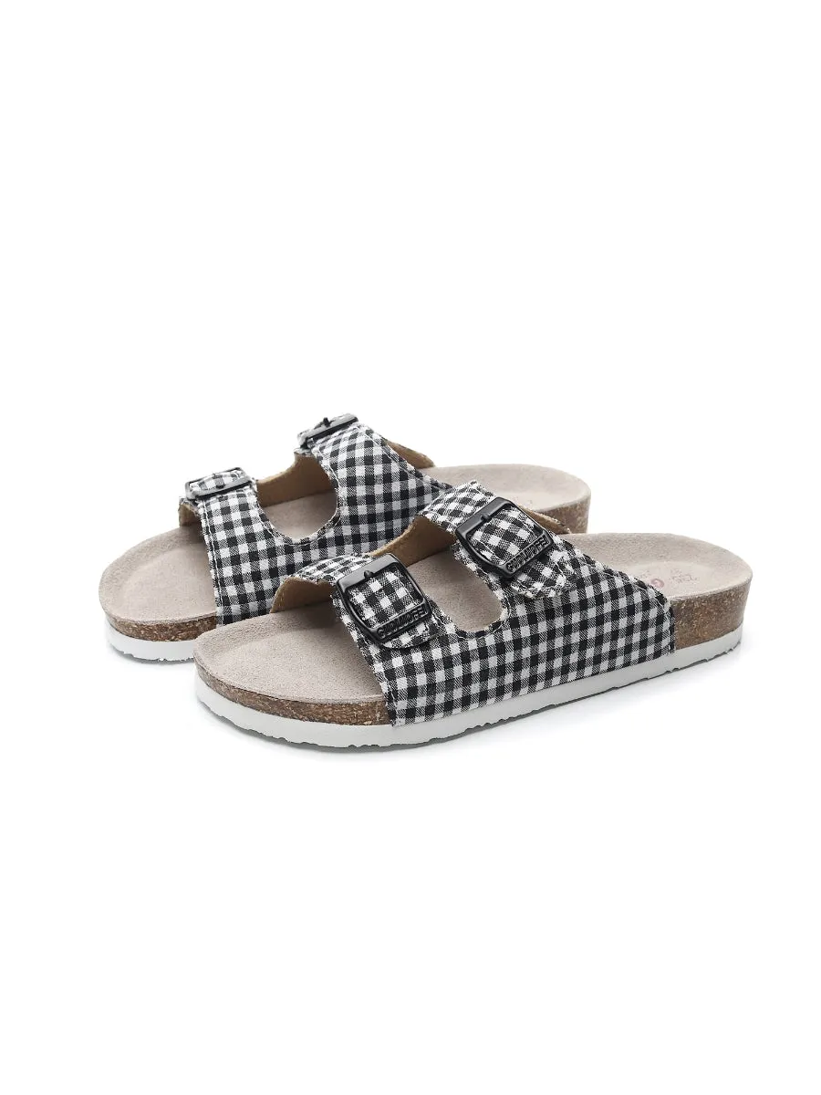 Black Tartan Gingham Double-Buckle Sandals Slides