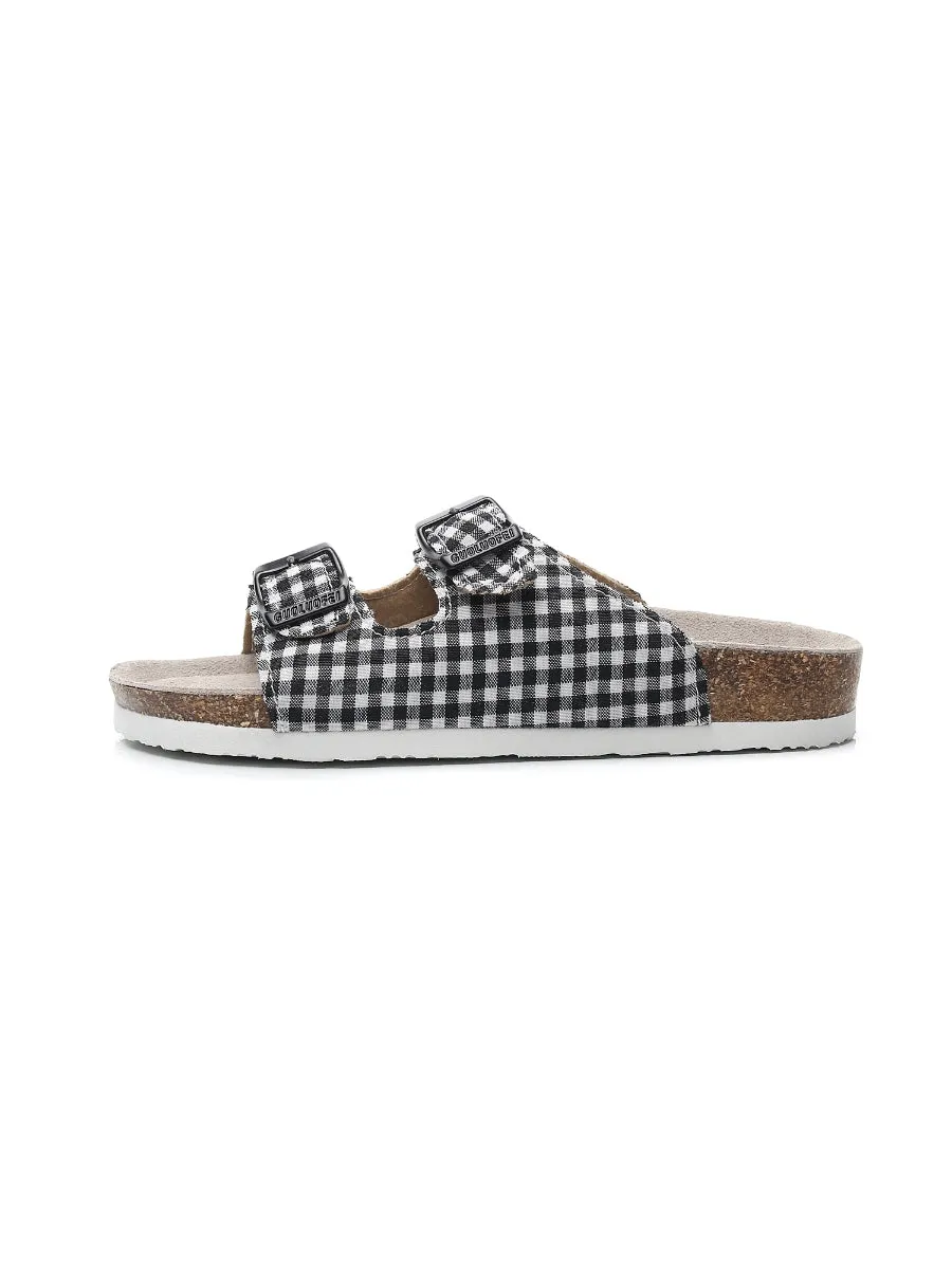 Black Tartan Gingham Double-Buckle Sandals Slides