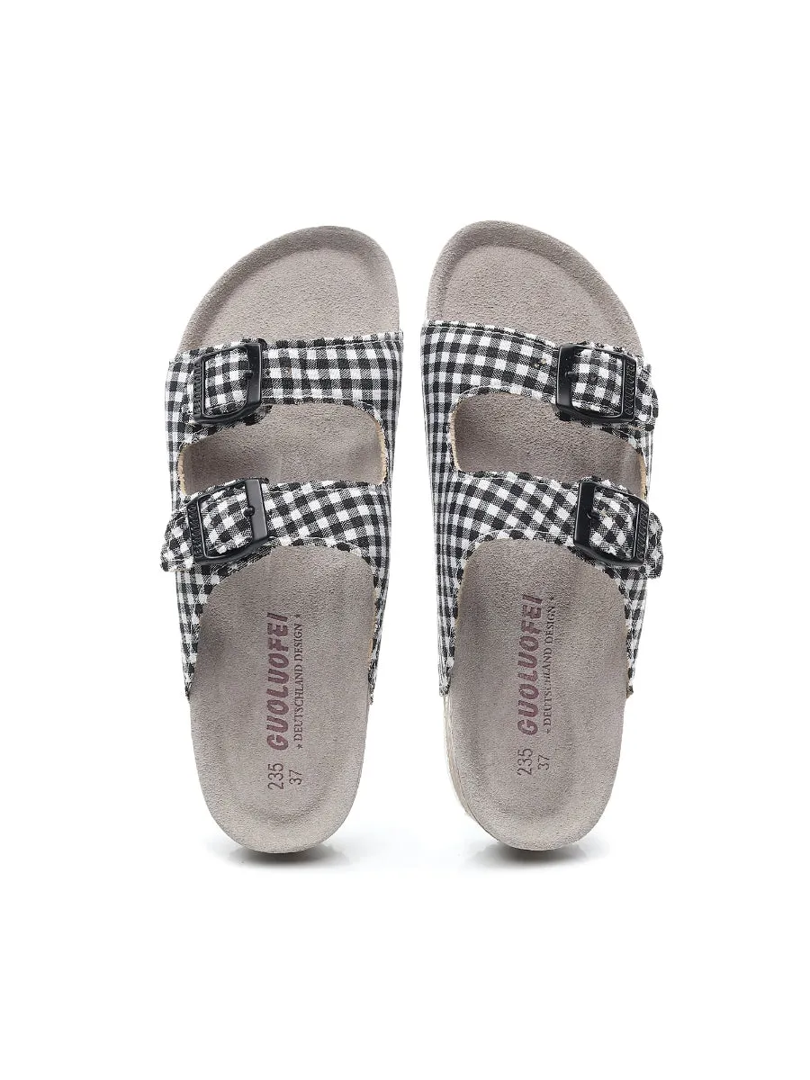 Black Tartan Gingham Double-Buckle Sandals Slides