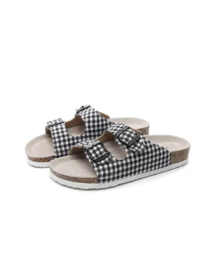 Black Tartan Gingham Double-Buckle Sandals Slides