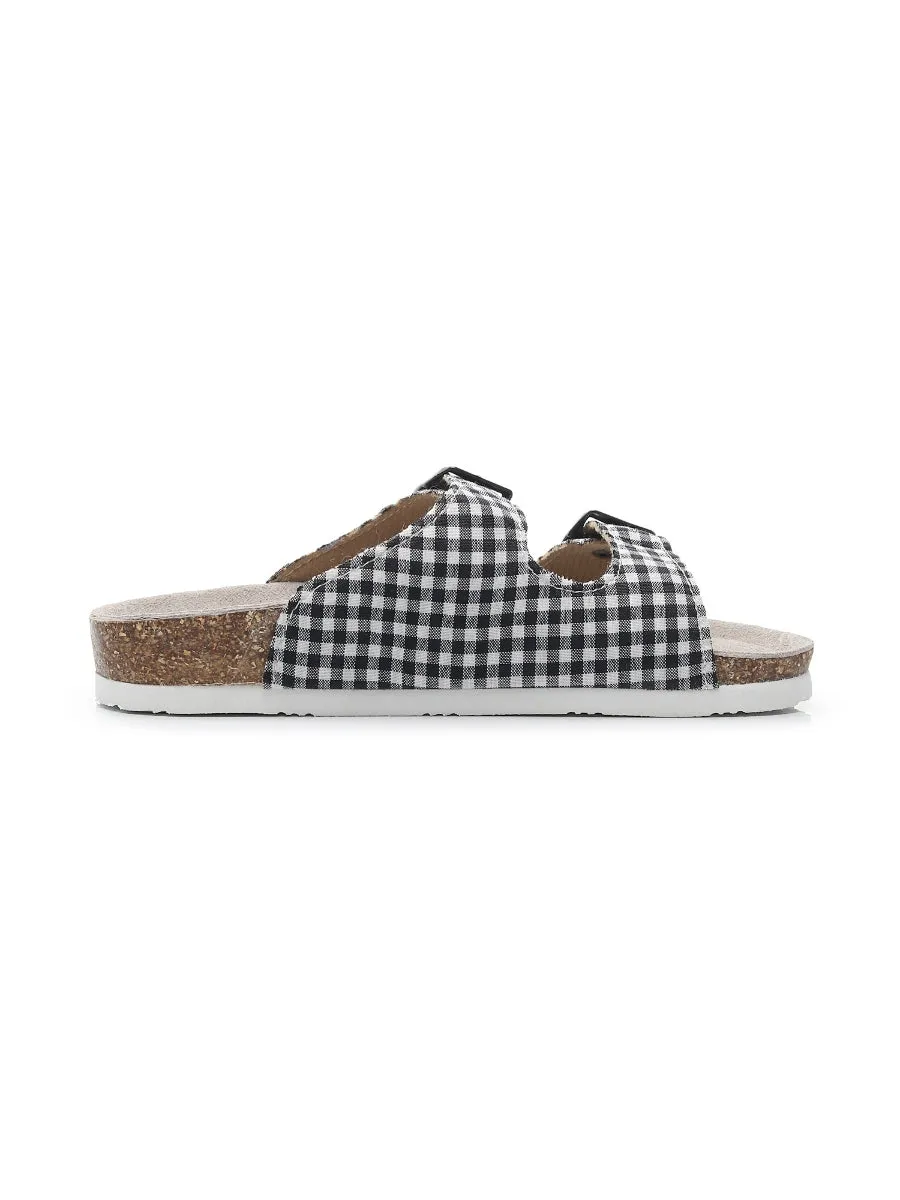 Black Tartan Gingham Double-Buckle Sandals Slides