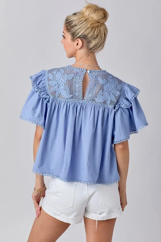 Blue Cropped Lace Detail Flutter Sleeve Top