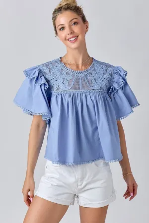 Blue Cropped Lace Detail Flutter Sleeve Top