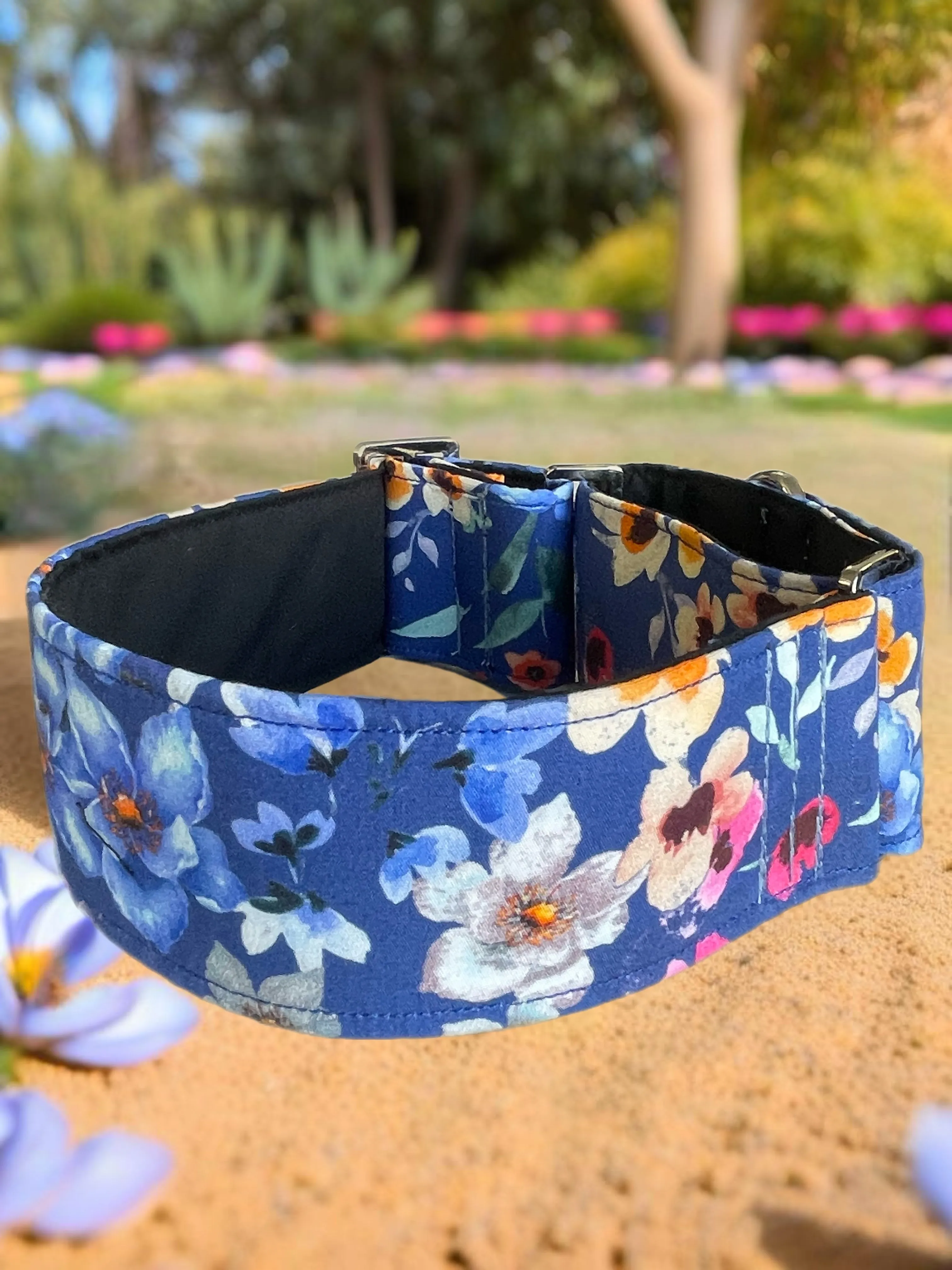 Blue hues of romantic flowers design greyhound Martingale collar cotton covered super soft