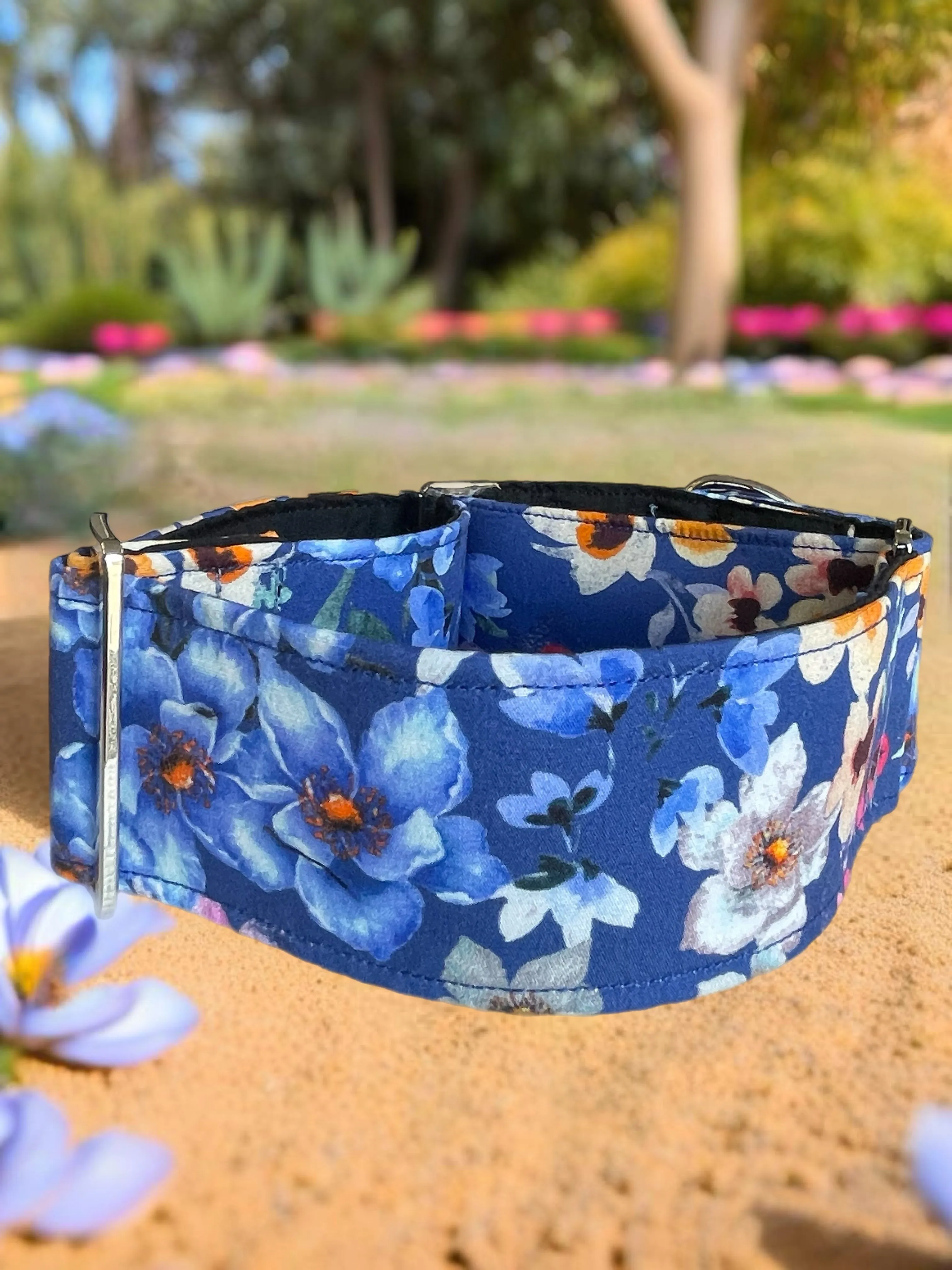 Blue hues of romantic flowers design greyhound Martingale collar cotton covered super soft