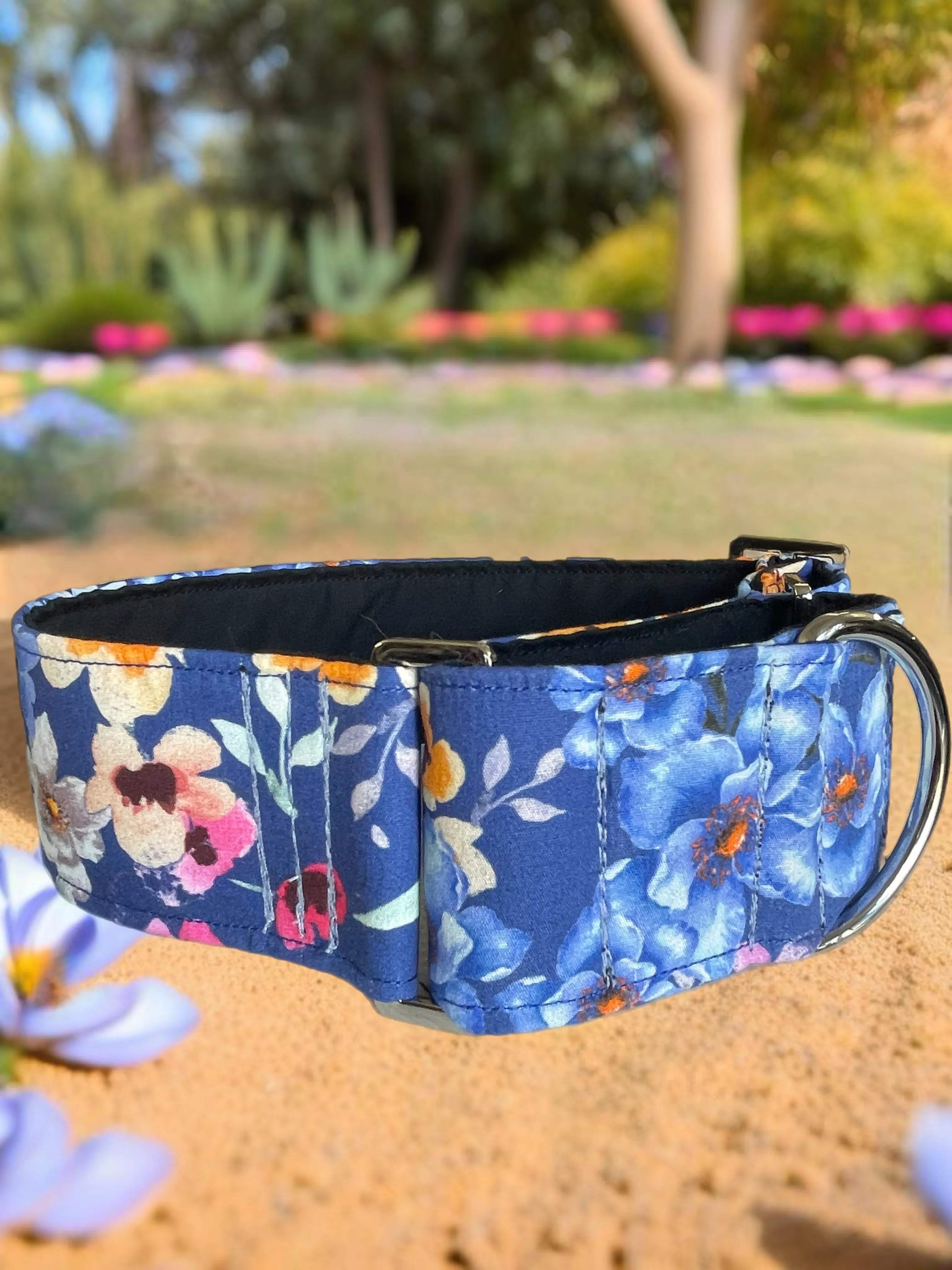 Blue hues of romantic flowers design greyhound Martingale collar cotton covered super soft