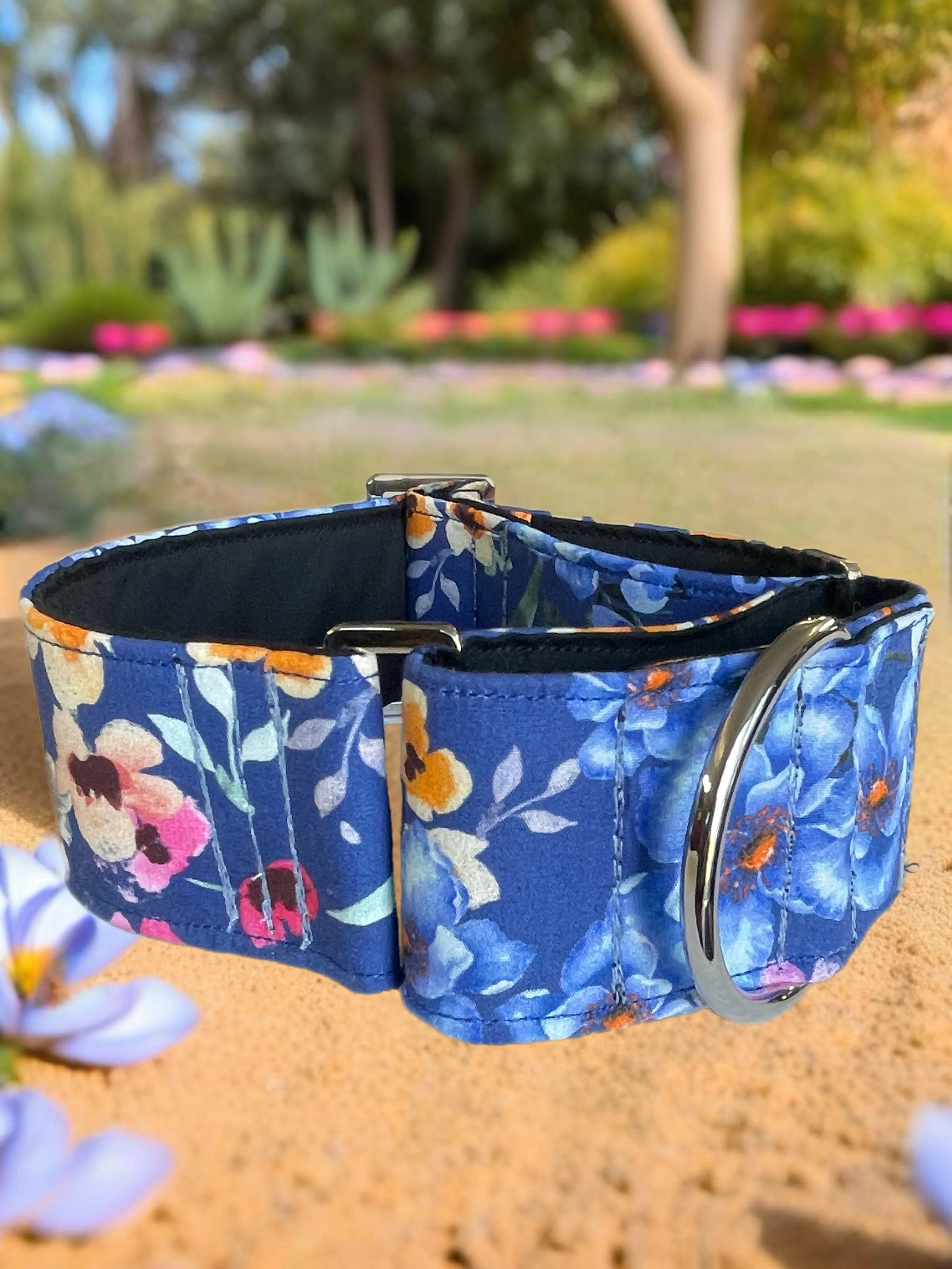 Blue hues of romantic flowers design greyhound Martingale collar cotton covered super soft