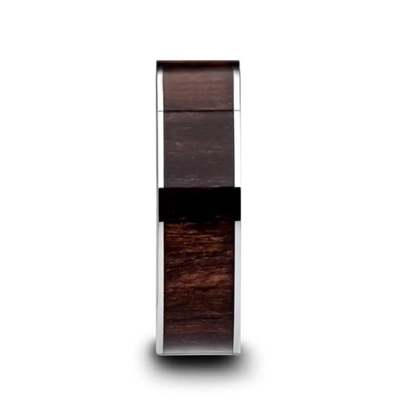 BOKKEN | Silver Tungsten Ring, Black Walnut Wood Inlay, Flat