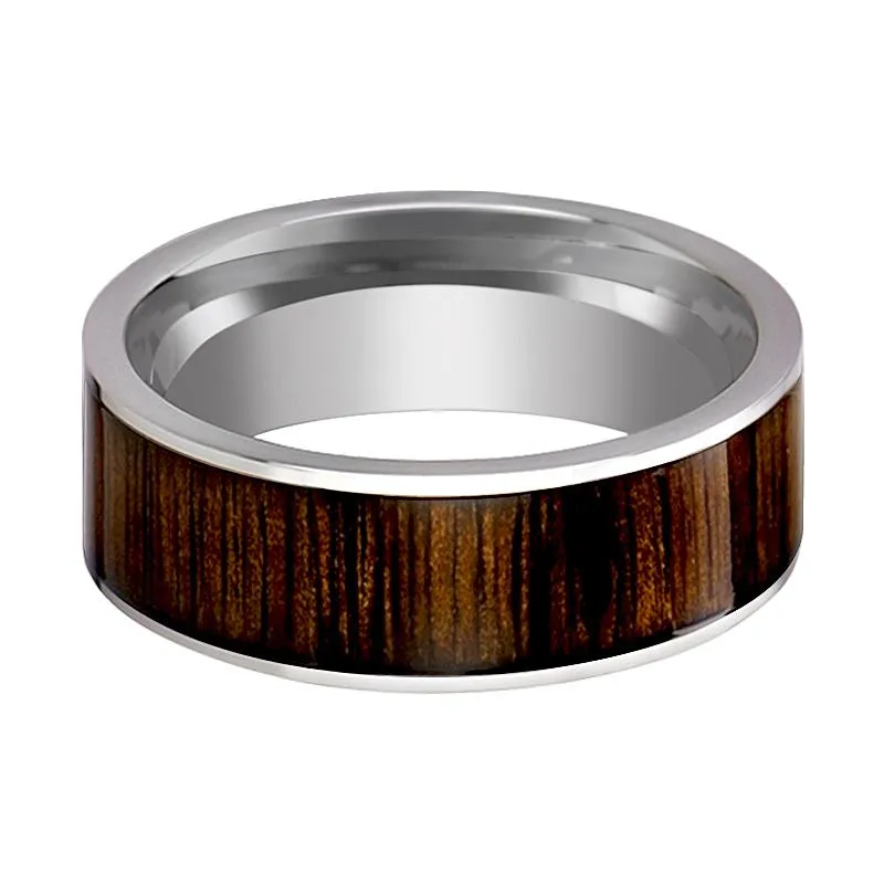 BOKKEN | Silver Tungsten Ring, Black Walnut Wood Inlay, Flat