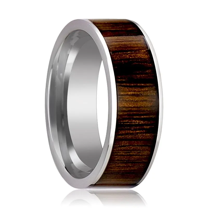 BOKKEN | Silver Tungsten Ring, Black Walnut Wood Inlay, Flat