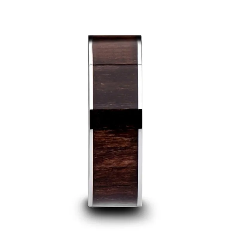 BOKKEN | Silver Tungsten Ring, Black Walnut Wood Inlay, Flat