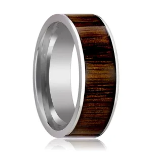 BOKKEN | Silver Tungsten Ring, Black Walnut Wood Inlay, Flat