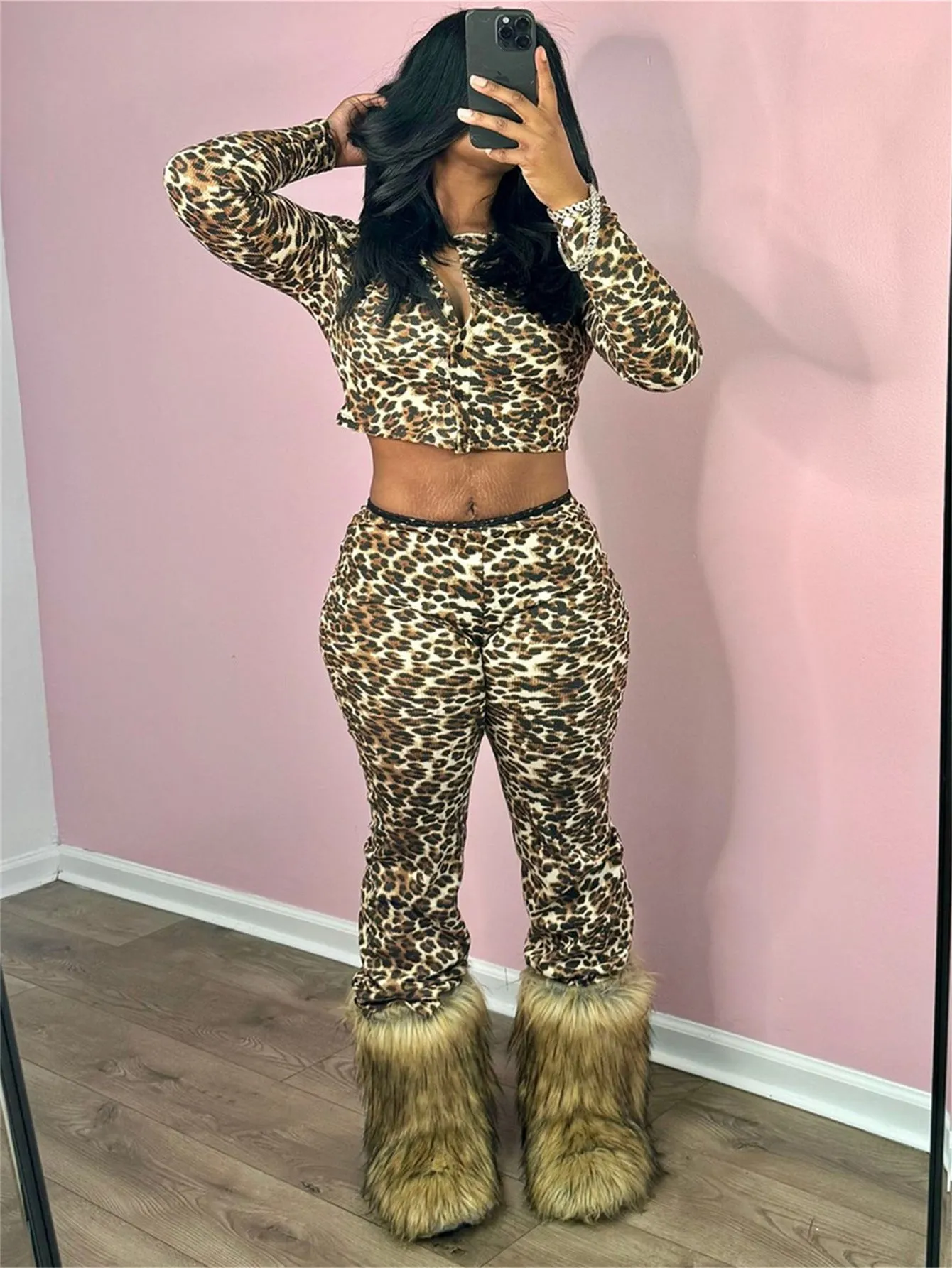 Bold Leopard Print Two-Piece Set with Long-Sleeve Crop Top and Fitted Pants