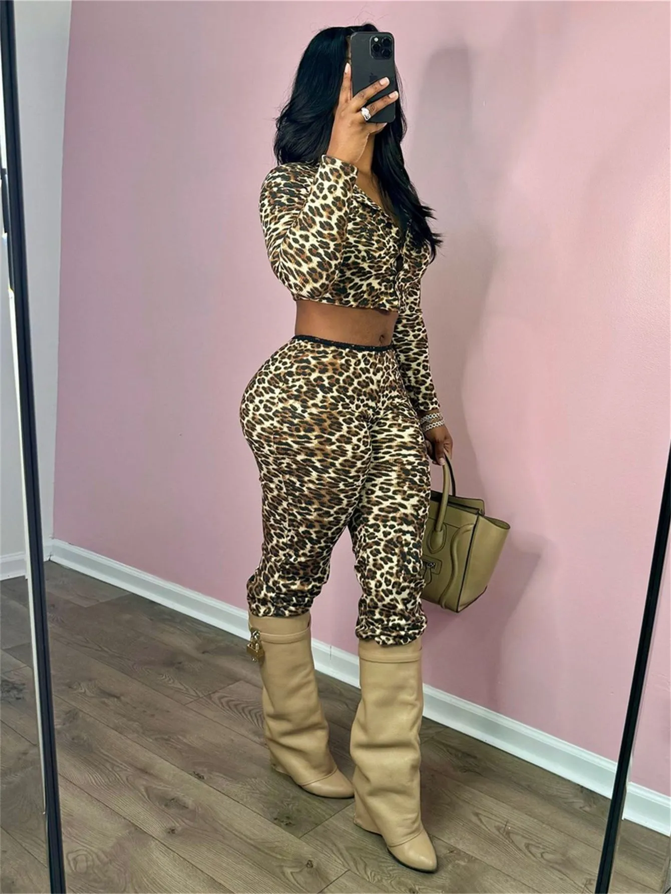 Bold Leopard Print Two-Piece Set with Long-Sleeve Crop Top and Fitted Pants