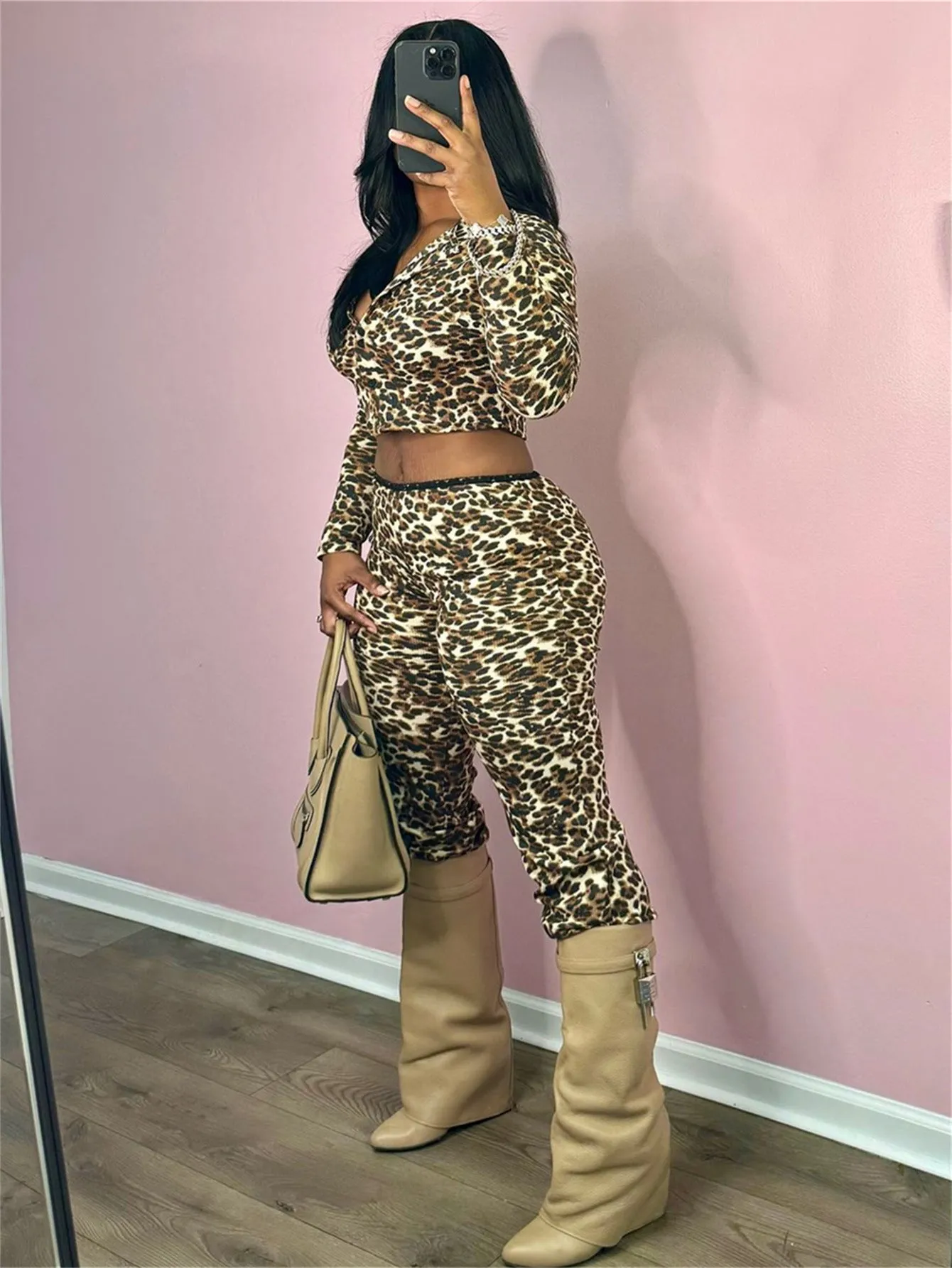 Bold Leopard Print Two-Piece Set with Long-Sleeve Crop Top and Fitted Pants