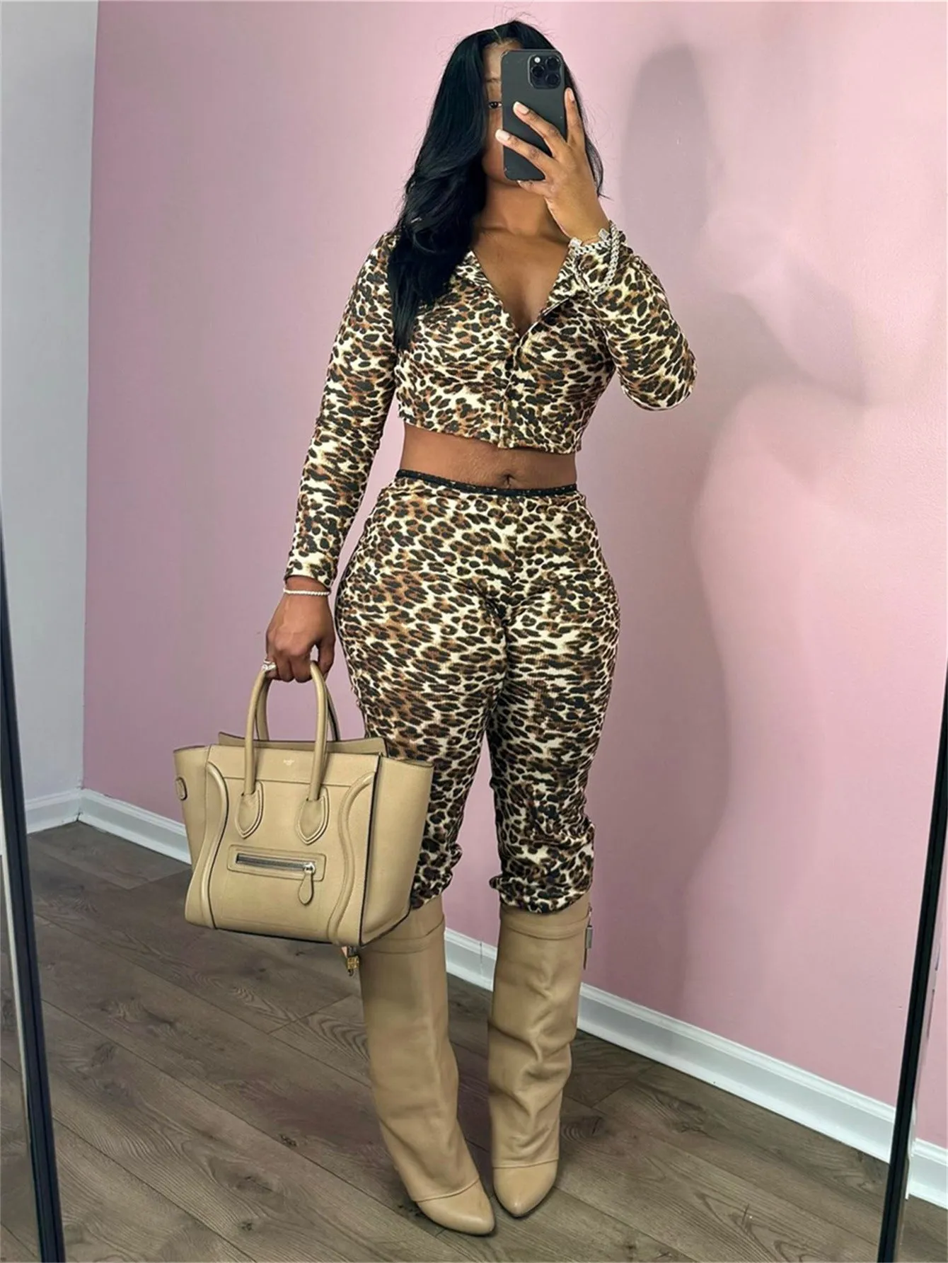 Bold Leopard Print Two-Piece Set with Long-Sleeve Crop Top and Fitted Pants