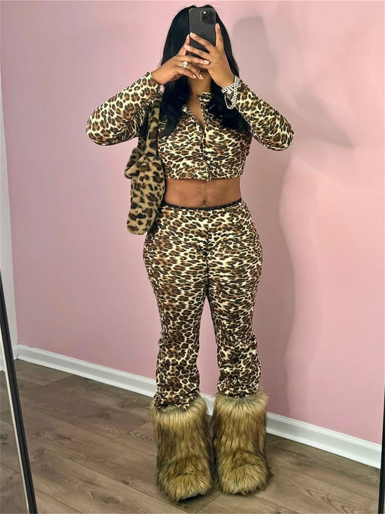 Bold Leopard Print Two-Piece Set with Long-Sleeve Crop Top and Fitted Pants