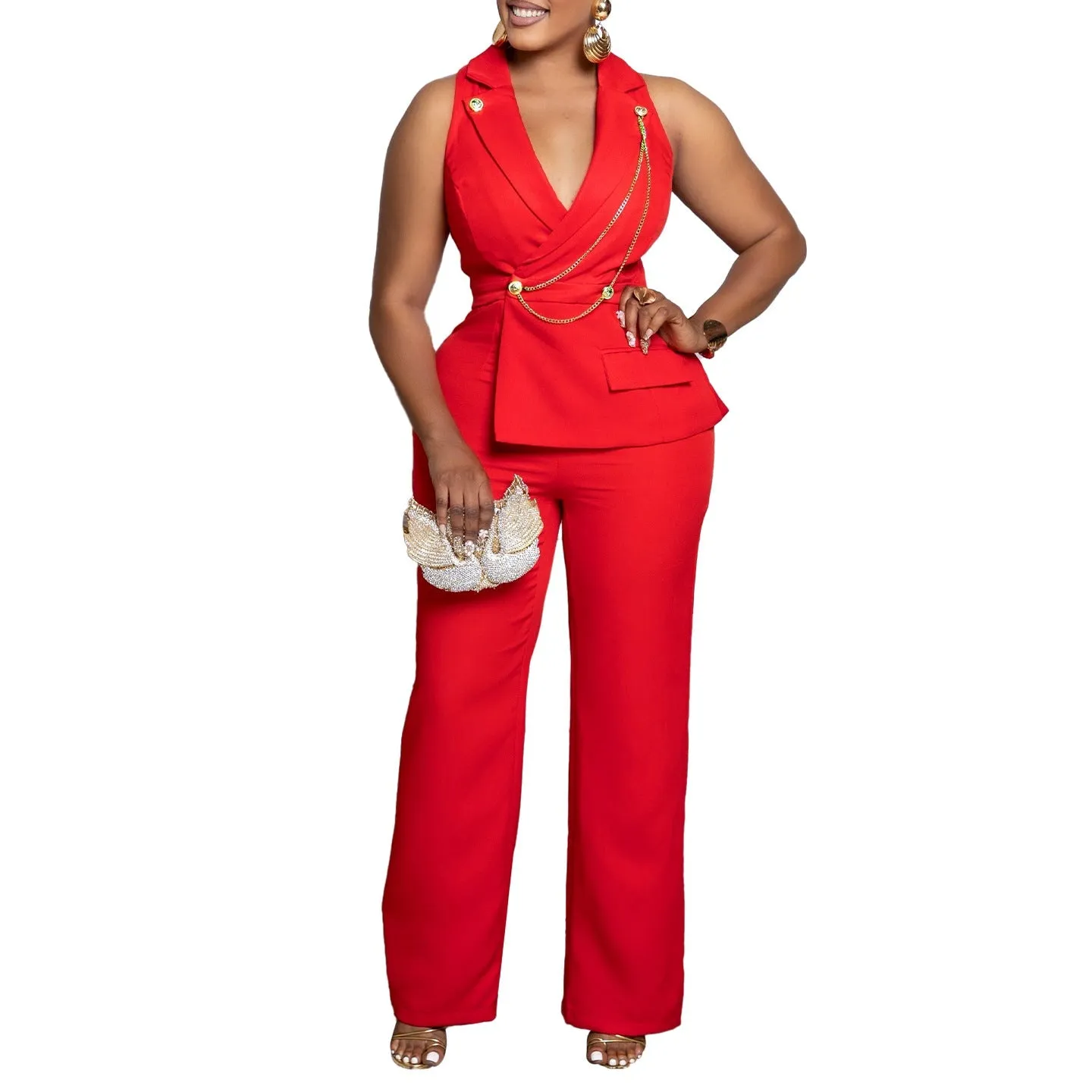 Bold Turndown Collar Wide-Leg Jumpsuit with Stylish Chain Detail