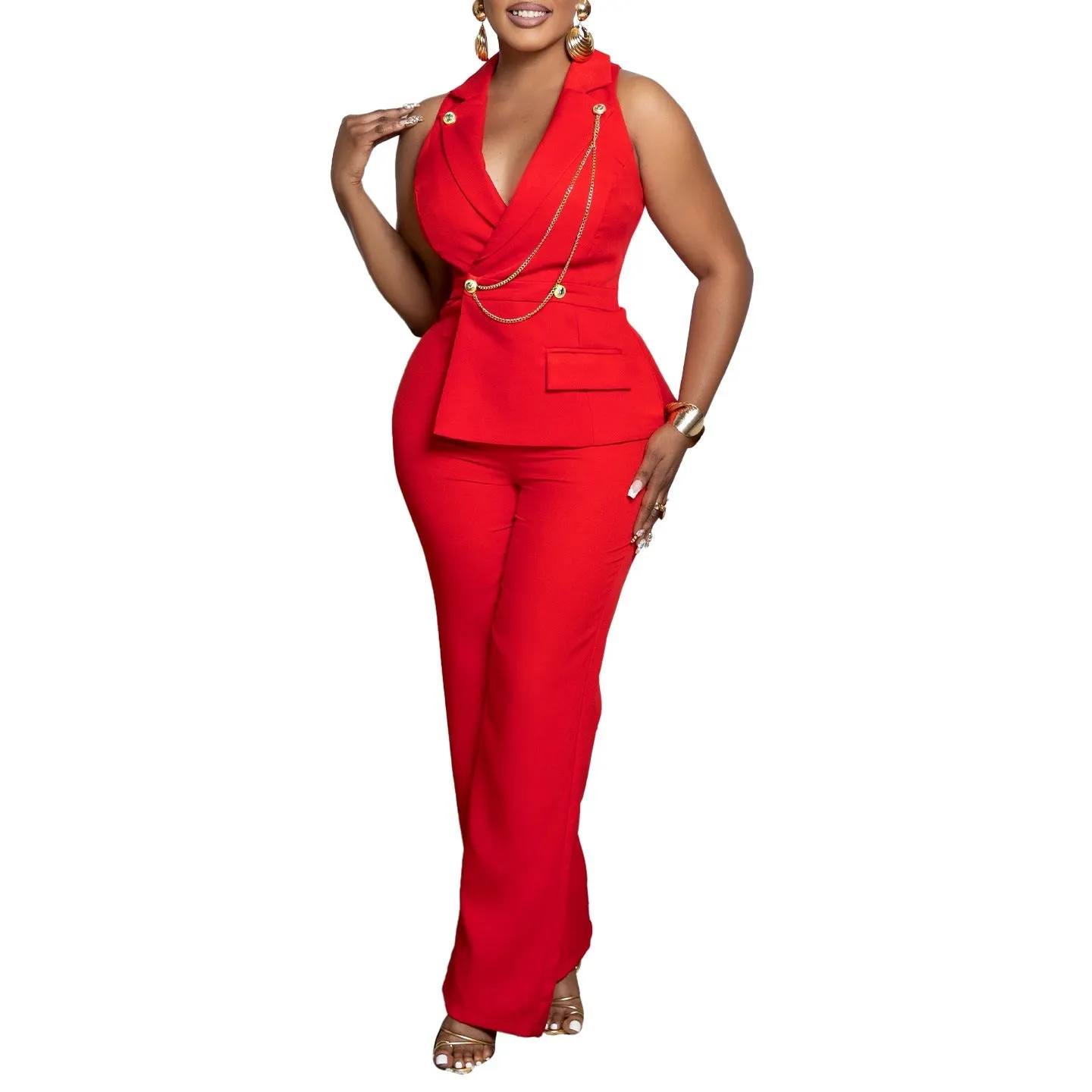 Bold Turndown Collar Wide-Leg Jumpsuit with Stylish Chain Detail