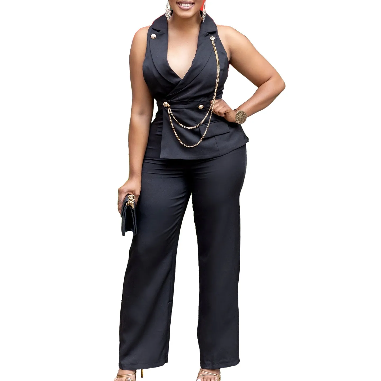 Bold Turndown Collar Wide-Leg Jumpsuit with Stylish Chain Detail