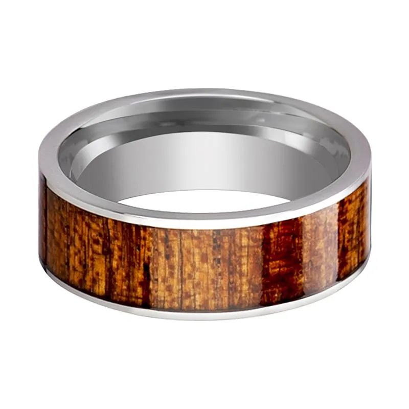 BOLO | Silver Tungsten Ring, Mahogany Wood Inlay, Flat