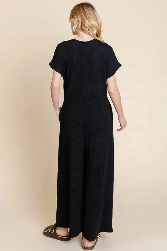 BOMBOM Rib Knit Jumpsuit with Button Detail