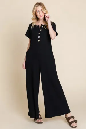 BOMBOM Rib Knit Jumpsuit with Button Detail