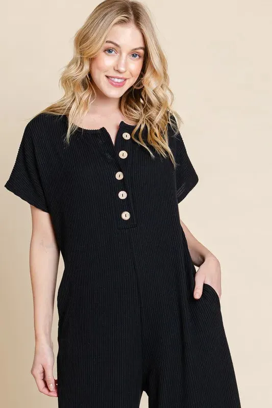BOMBOM Rib Knit Jumpsuit with Button Detail