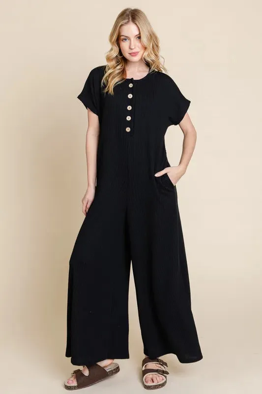 BOMBOM Rib Knit Jumpsuit with Button Detail
