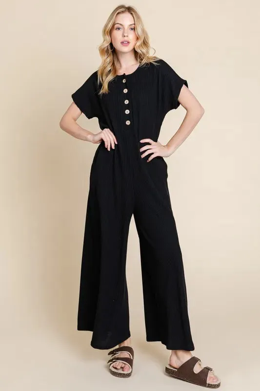 BOMBOM Rib Knit Jumpsuit with Button Detail