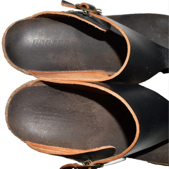 BOSABO FRANCE SZ 38 7.5 8 M BLACK LEATHER THONG LOW HEEL SLIP ON SANDALS
