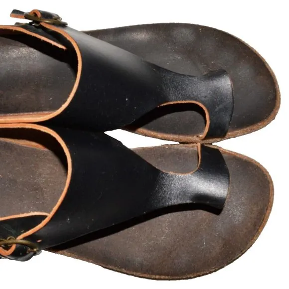 BOSABO FRANCE SZ 38 7.5 8 M BLACK LEATHER THONG LOW HEEL SLIP ON SANDALS