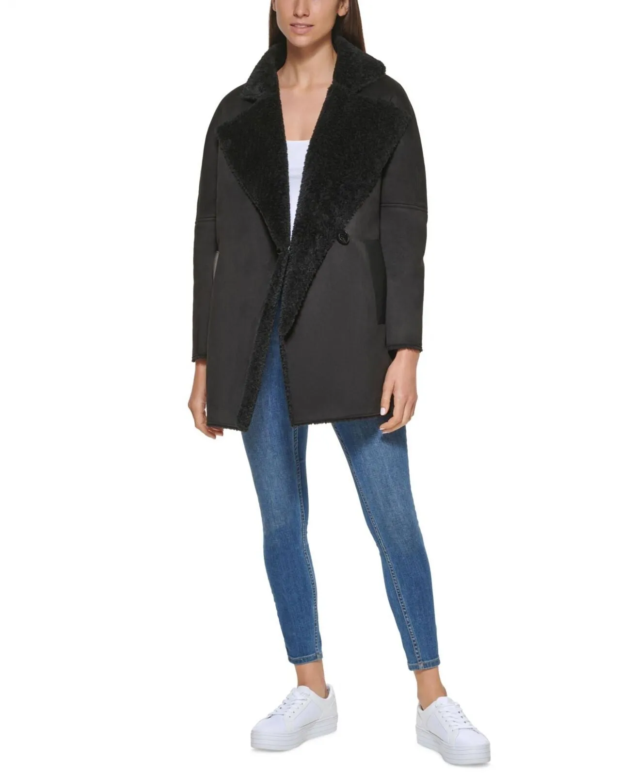 Calvin Klein Womens Midi Warm Faux Fur Coat M1IJ4472