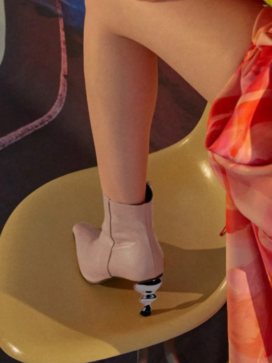 Cap Heel Leather Bootie - Beige