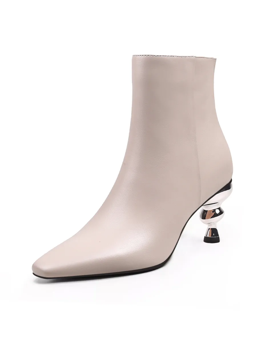 Cap Heel Leather Bootie - Beige