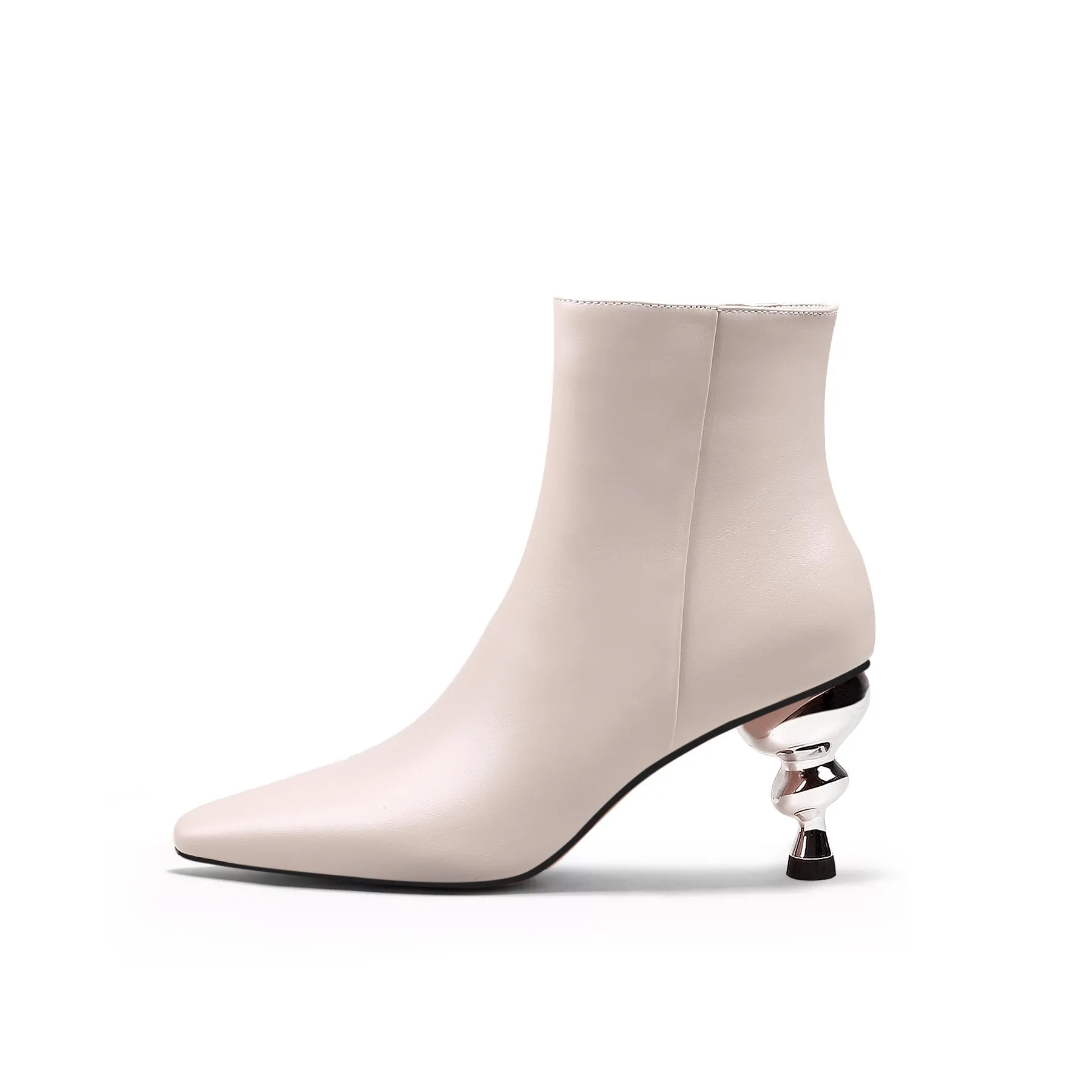 Cap Heel Leather Bootie - Beige