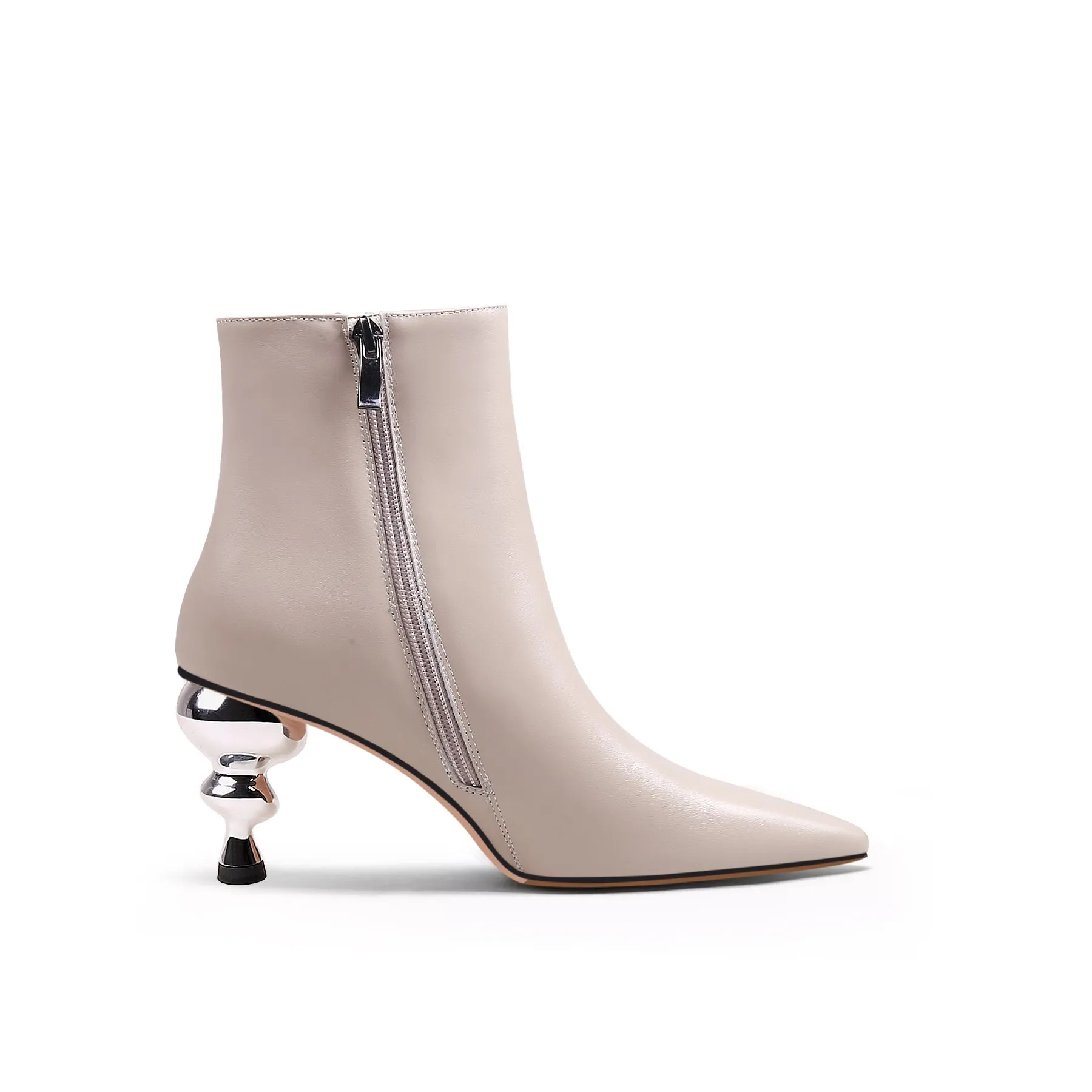 Cap Heel Leather Bootie - Beige