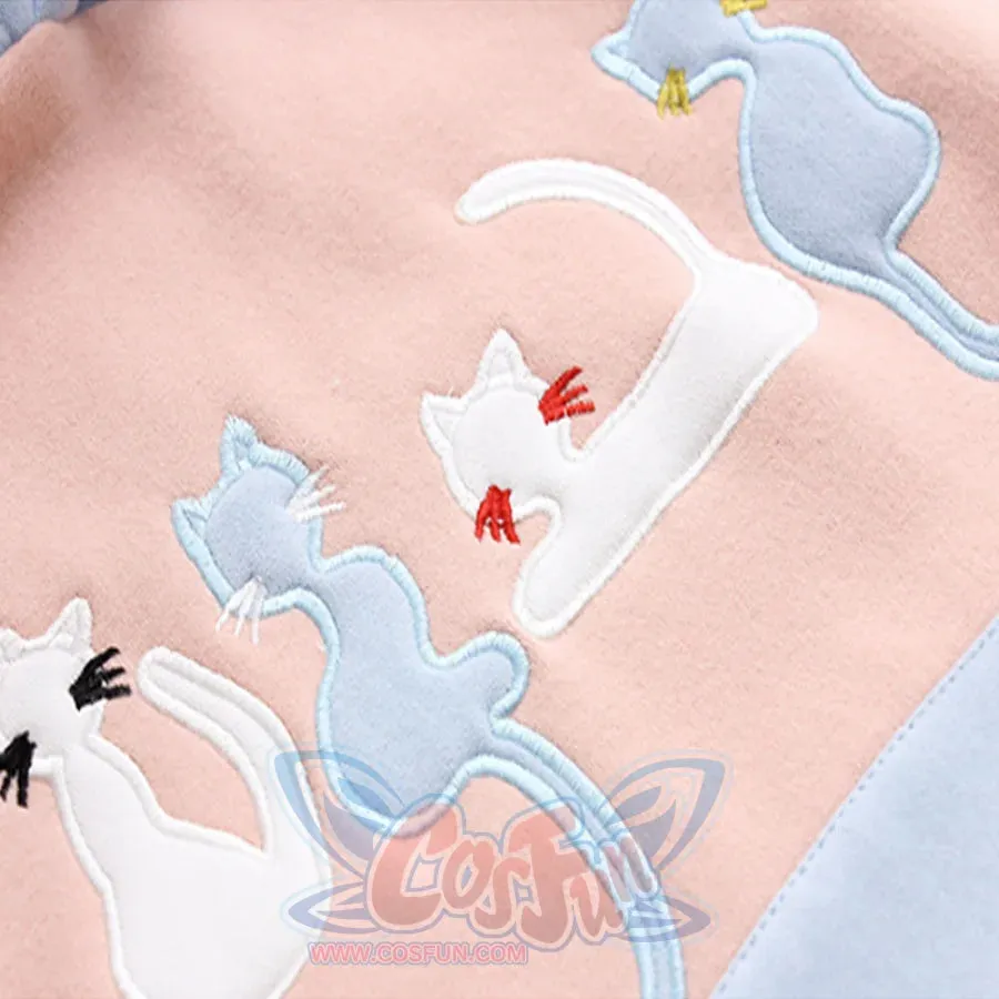 Cat Embroidery Velvet Color-block Hoodie J10021