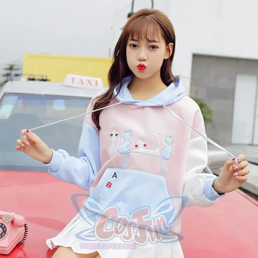 Cat Embroidery Velvet Color-block Hoodie J10021