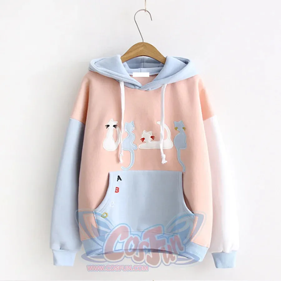 Cat Embroidery Velvet Color-block Hoodie J10021