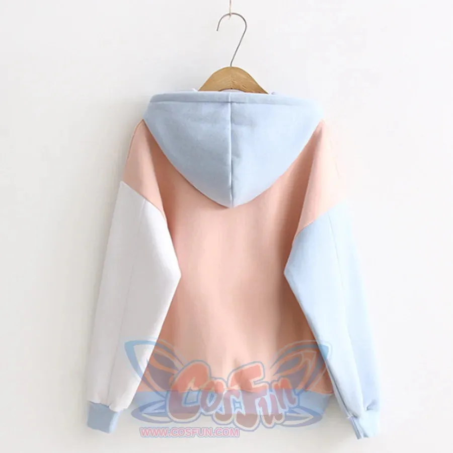 Cat Embroidery Velvet Color-block Hoodie J10021