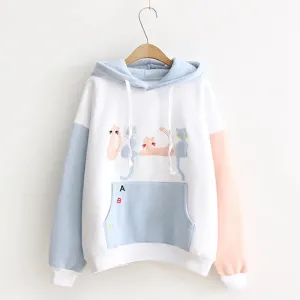 Cat Embroidery Velvet Color-block Hoodie J10021