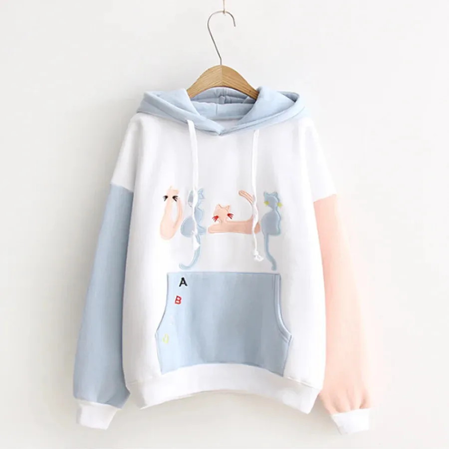Cat Embroidery Velvet Color-block Hoodie J10021