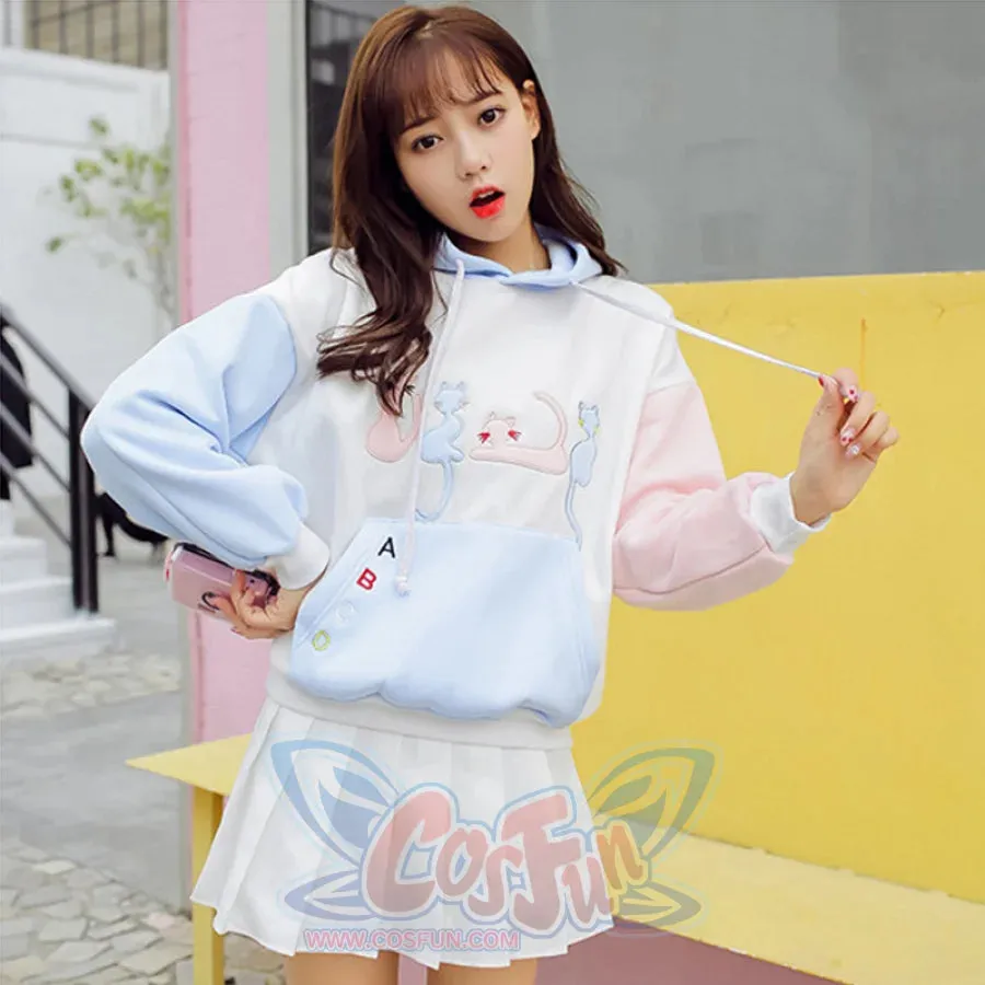 Cat Embroidery Velvet Color-block Hoodie J10021