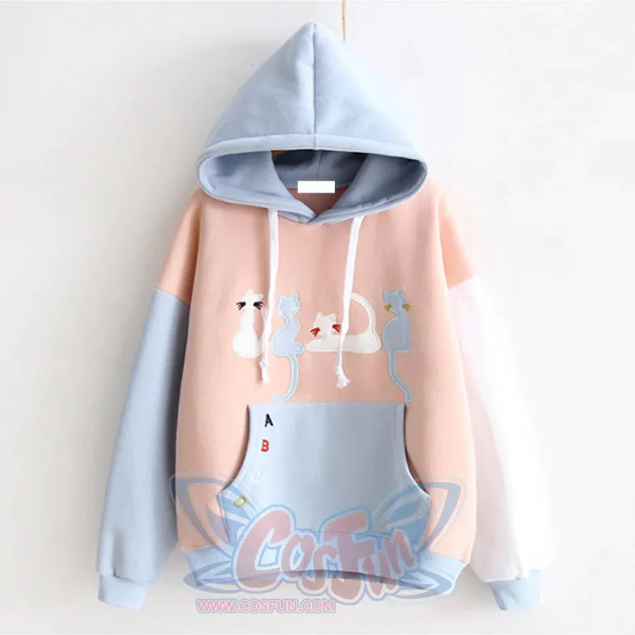 Cat Embroidery Velvet Color-block Hoodie J10021