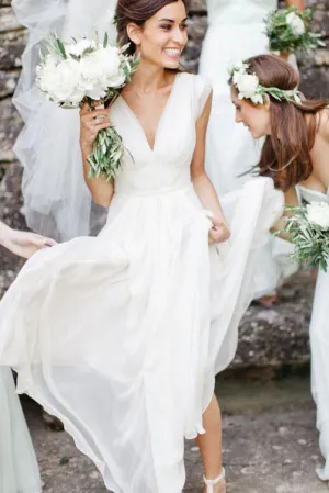 Cheap A-line V-neck Floor-length Sleeveless Long Chiffon Bridal Gown Wedding Dresses OHD162