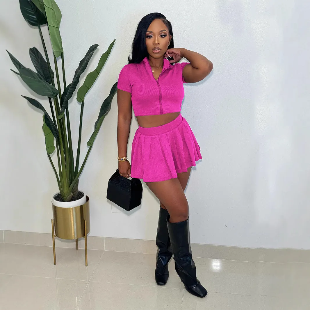 Chic Ribbed Two-Piece Set with Zip-Up Collared Top and Pleated Skirt