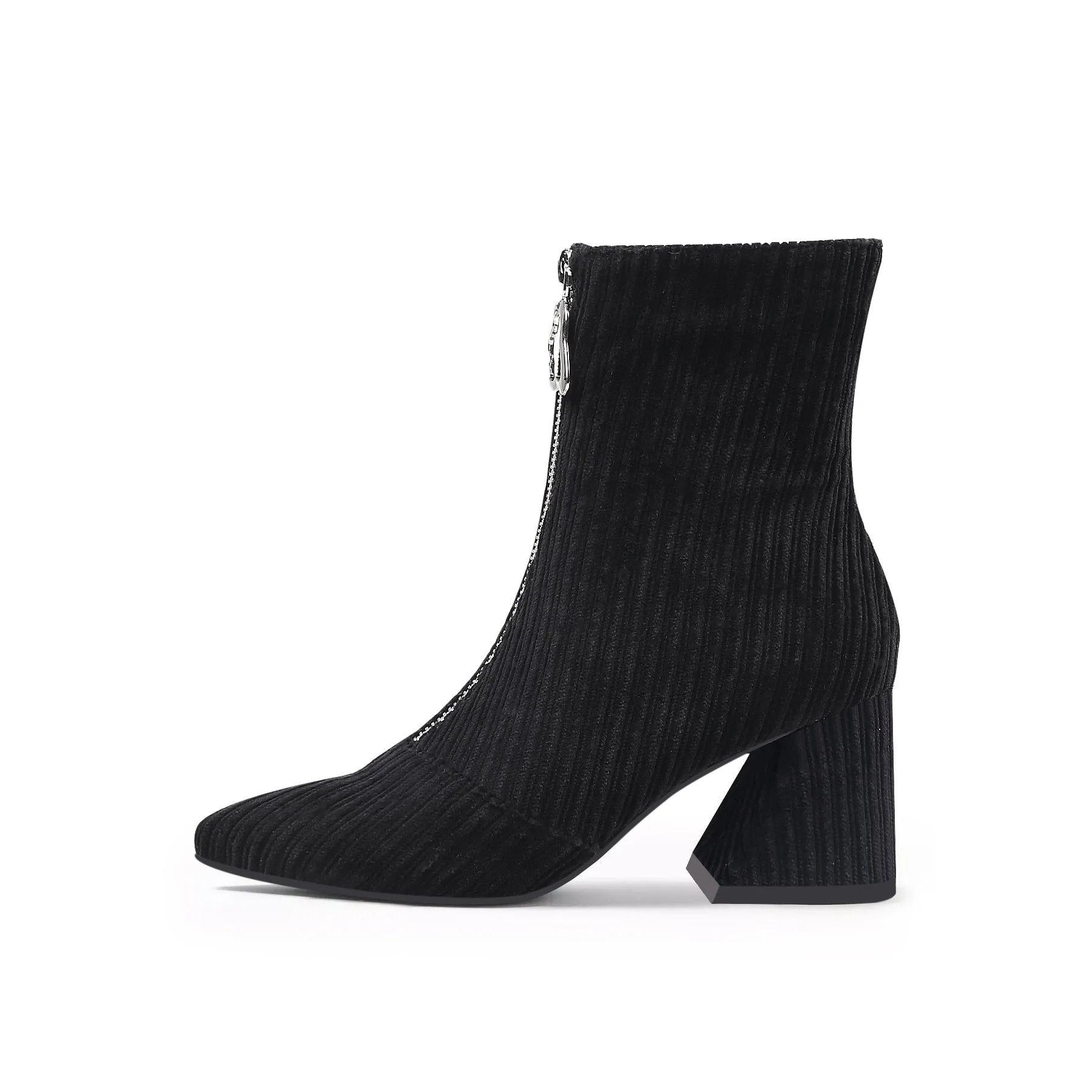 Corduroy Block Heel Ankle Boot - Black